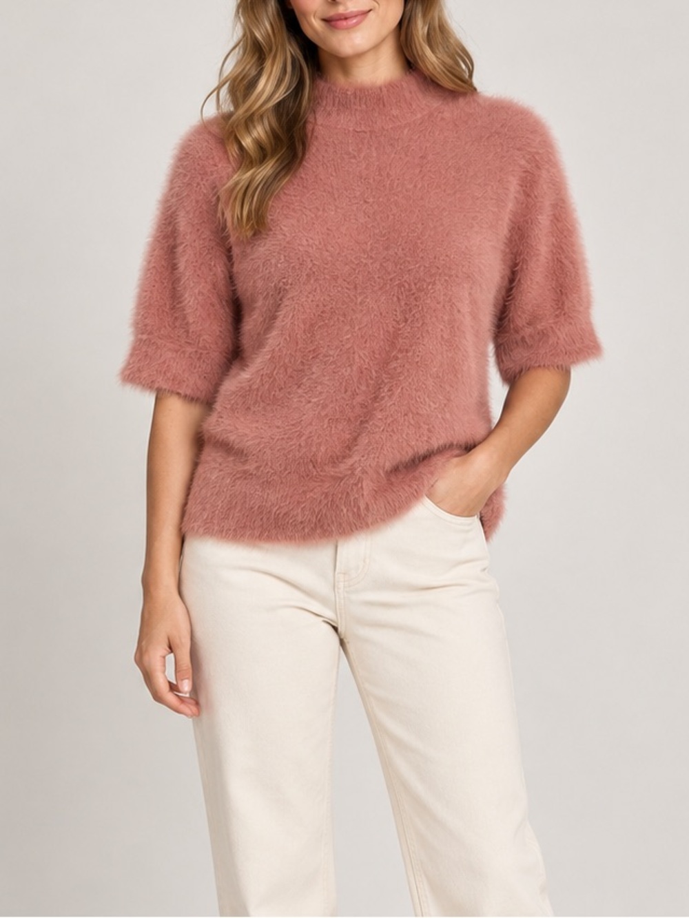 CeCe Dusty Rose Fuzzy Eyelash Knit Mock Neck Short Sleeve Sweater Soft Cozy